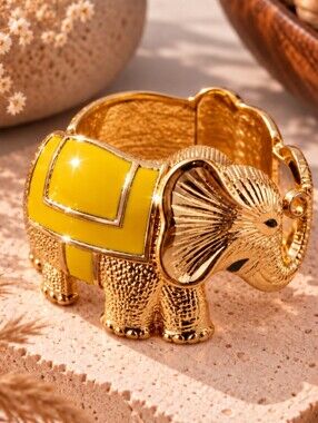 Statement Elephant Hinged Cuff Bracelet – Yellow Enamel & Gold Tone NWOT